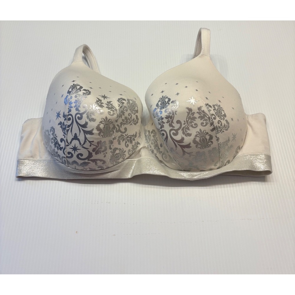Cacique Lightly Lined Full Coverage Bra Women 44C Cream Silver Damask Metallic